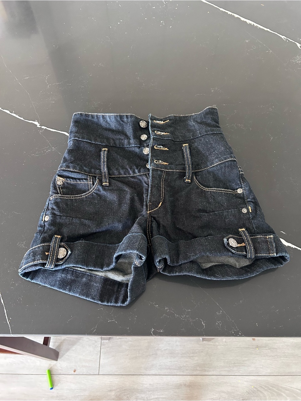 House Of Cassette High-Waist Dark Wash Denim Shorts Button Fly Boutique Festival